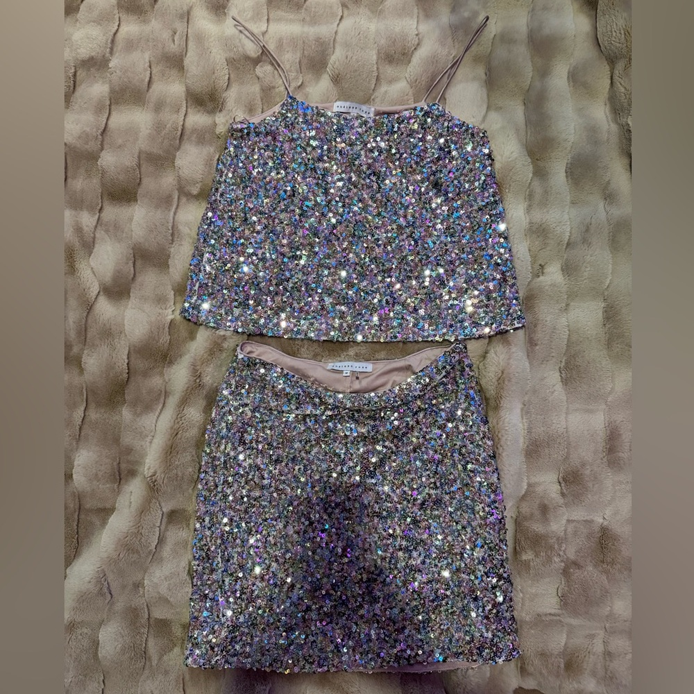Endless Rose. Pink and silver sequins set. Tank top small and skirt medium
